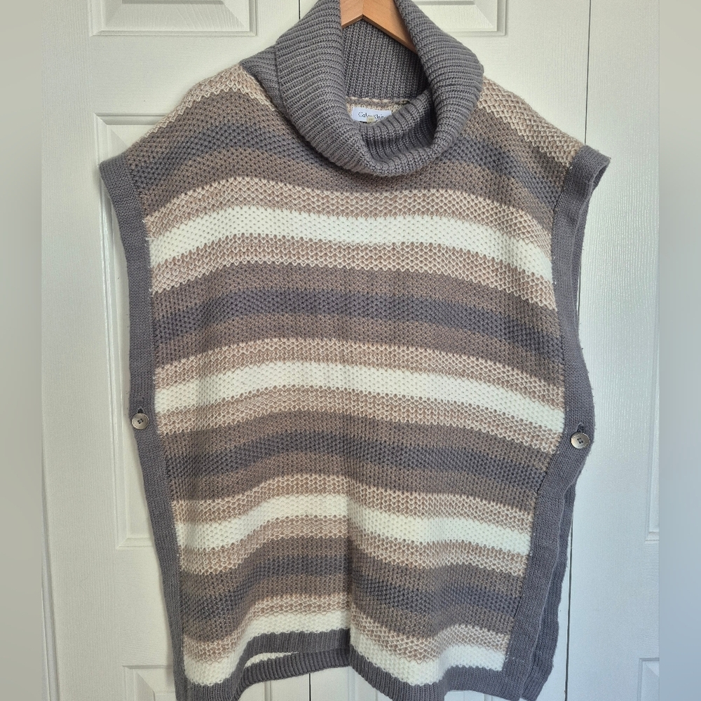 Calvin Klein Gray and Cream Striped Cowl Neck Sweater Poncho